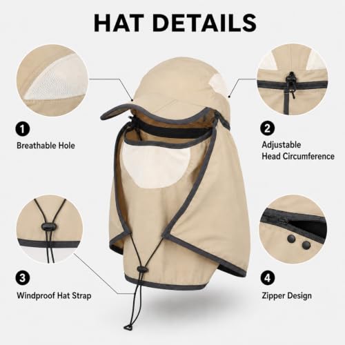 HUAMULAN Women Wide Brim Sun Hat Ponytail UV Protection Visor Fishing Cap - color: Khaki With Foldable Visor