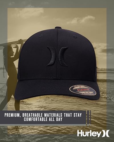 Hurley Mens Textured Fitted Baseball Cap, Moisture Wicking, Curved Brim - color: Black/(Black), size: Small-Medium