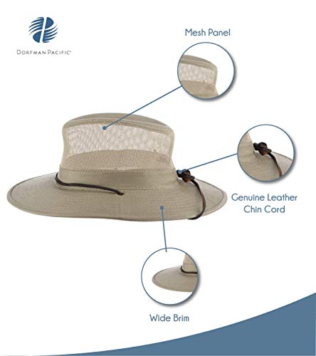 Dorfman Pacific Men's Brushed Twill-and-Mesh Safari Hat with Genuine Leather Trim - size: Large