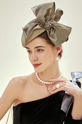 BABEYOND Fascinators Hats for Women Linen Satin Pillbox Bow Derby Tea Hat - color: Champagne