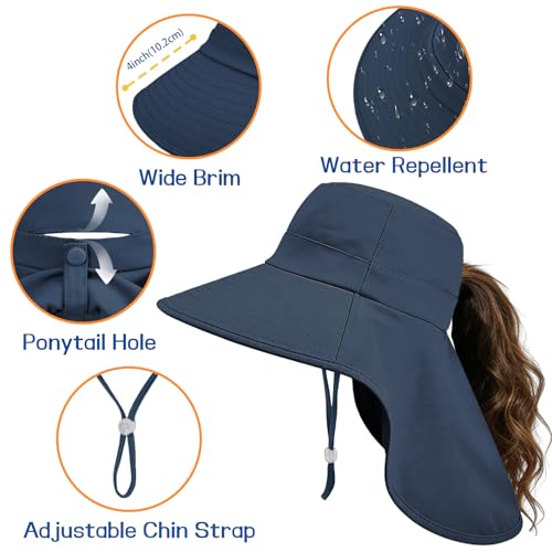 Ruqizhi Sun Hats for Women with Neck Flap Ponytail Hole Women Sun Hats Rollable UV Protection Fishing Hats Wide Brim UPF 50+ - color: Navy