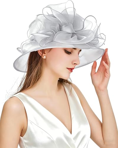 Women Derby Fascinator Hat Organza Church Wedding Hats Wide Brim Cocktail Tea Party Hat - color: 039 Grey