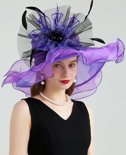 Women's Organza Church Kentucky Hat Fascinato Wedding Cocktail Tea Party Derby Hats Sun Hat - color: 01-purple