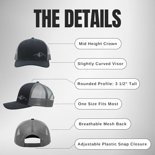 LINDO Trucker Hat [ Great Outdoors Design ] for Men and Women: Mid Profile Cap with Breathable Mesh Back and Adjustable Snap - color: Black/Graphite