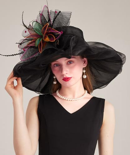 Women Derby Church Hat Organza Flower Wedding Tea Party Fascinator Wide Brim Sun Hat - color: 12-black Color
