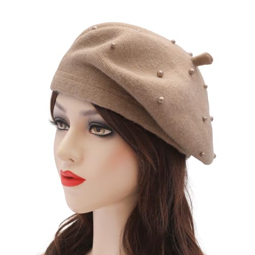 ZLYC Women French Beret Hat Winter Knitted Stretchable Beret Artist Cap - color: Pearls Camel