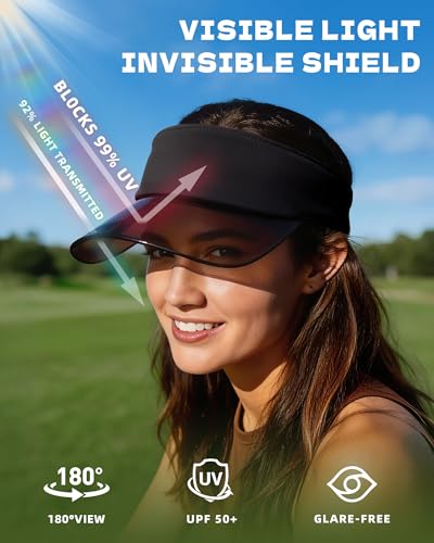 Transparent Sun Visor Hat for Women Men - UPF 50+ Clear Brim Adjustable Drawstring for Golf Tennis Pickleball - color: Black + Black