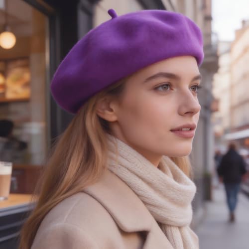 Classic French Beret Hat 10.6 Inch Width Wool Beret Hat for Women - color: Purple