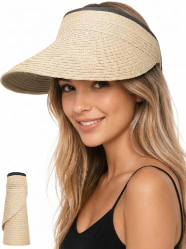 Sun Visor Hats for Women, Summer Straw Beach Ponytail Hat - color: Beige
