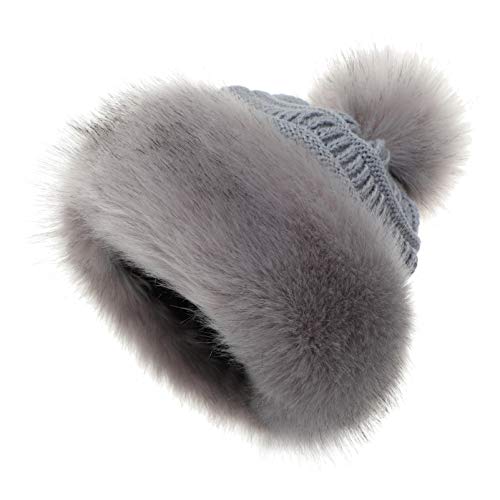 Soul Young Women's Faux Fur Hat Russian Cossack Knit Pompom Hat Ski Snow Cap for Winter Outdoor - color: Light Grey