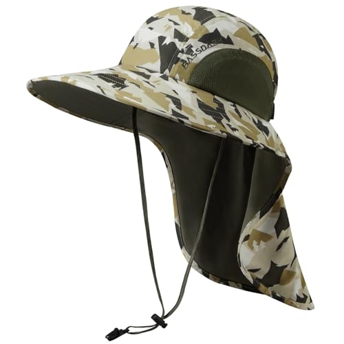 BASSDASH UPF 50+ Unisex Water Resistant Wide Brim Sun Hat with Large Neck Flap Ponytail Fishing Hat for Men Women - color: Mountain Camo/Amy Green