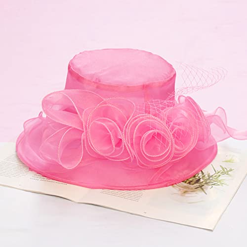 Women's Kentucky Derby Church Dress Hat Wide Brim Leaf Flower Bridal Shower Hat - color: A5-rose