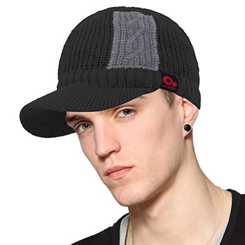 Winter Patch Work Visor Beanie Brimmed Baseball Cap Fleece Lined Knitted Billed Hat - color: Black
