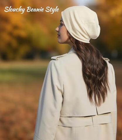 Slouchy Beanie for Women Men Thin Knit Winter Hat 93% Cotton Beanies - color: Beige