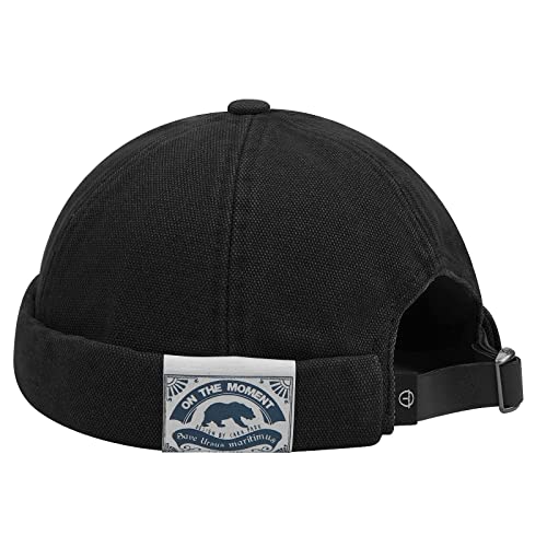 Clakllie Retro Docker Hat for Women Men Cotton No Brim Hat Adjustable Brimless Cap Worker Sailor Cap No Visor Beanie Hat - color: Black-ct36