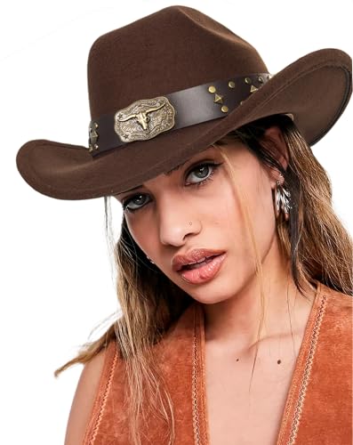 Felt Fedora Western Cowboy Hat for Women Men - color: Brown-bull Decor Band