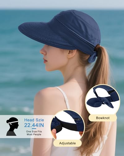 Century Star Sun Hat for Women Wide Brim Zip-Off Beach Hat Visor Ponytail UV Protection Summer Visors - color: Dark Blue