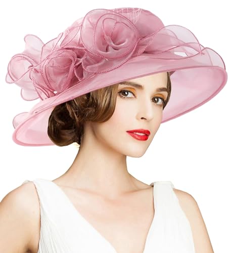 Women's Kentucky Derby Church Dress Hat Wide Brim Leaf Flower Bridal Shower Hat - color: A3-pinkpurple