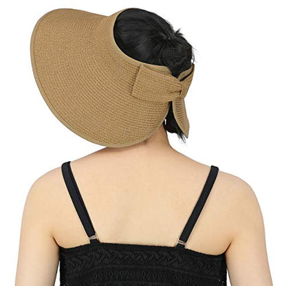 HDE Sun Visor for Women Roll Up Packable Ponytail Beach Sun Hat with Bow - color: Brown