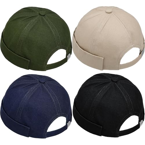 4 Pcs Brimless Hat Docker Cap No Brim Hats Skull Caps Rolled Cuff Beanie Hip Hop Hats with Buckle for Men - color: Khaki,army Green,navy Blue, Black
