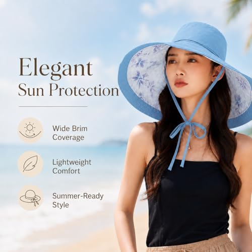 Wide Brim Sun Hats for Women UV Protection Reversible Bucket Hat Foldable Beach Hats Summer Hat for Garden Travel - color: Blue Tie-dye