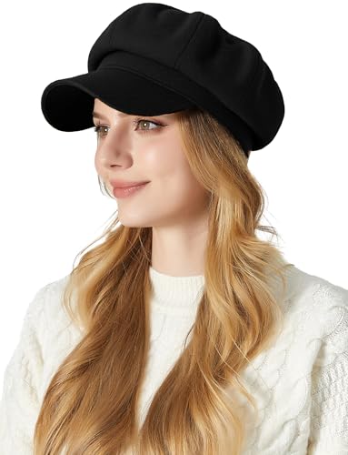 FEOYA Women Newsboy Hat Plaid Cabbie Caps Cotton Casual Stylish Beret Cap Paperboy Hats - color: Solid-black