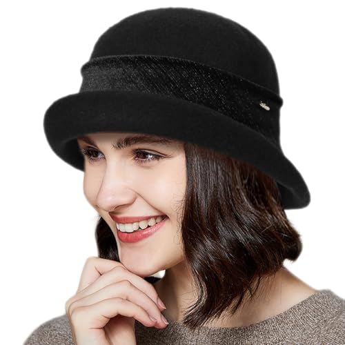 Women Vintage Cloche Bucket Hat Elegant 1920s Wool Fedora Church Derby Party Winter Packable Hats - color: Black