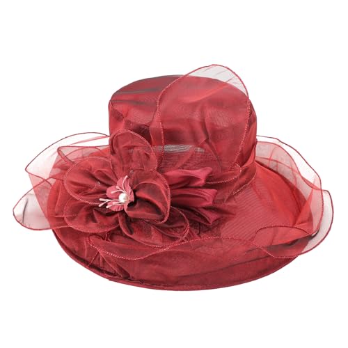 AQOKKA Women Organza Church Fascinators Kentucky Derby Hats for Women and Girls Wedding Flower Tea Party Hat with Wide Brim - color: Simulated Flower : Burgundy