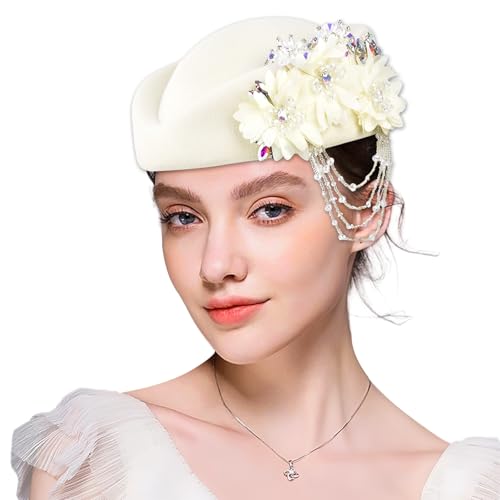Women's Retro Stewardess Felt Hat, British Berets, Rhinestone Flower Decor, Ladies' Church Derby Hat - color: Tassel Style-white