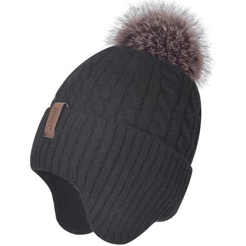FENELY Women's Knitted Warm Beanie Winter Hat, Warm Chunky Snow Hat with Pompom - color: Black