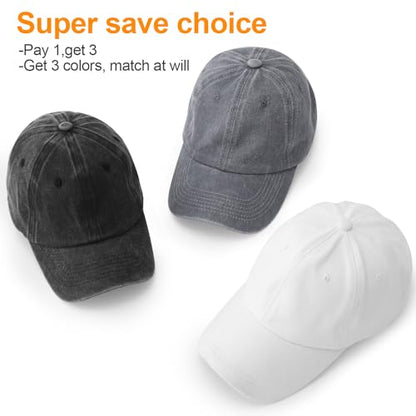 MEINICY 3 Packs Washed-Cotton Plain Baseball Cap, Adjustable Dad Hat - color: Black + White + Gray