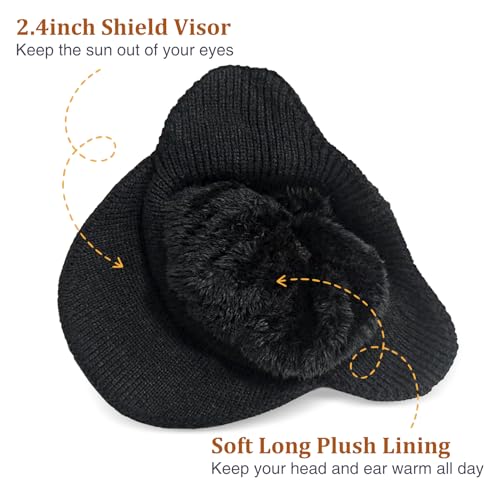 2Pack Men&Women Winter Warm Fleece-Lined Knit Beanie Hats with Brim & Ear Flaps for Cold Weather - color: Black+wine Red