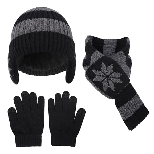PURFUN Kids 3-in-1 Beanie Scarf Touchscreen Gloves Set, Winter Thick Warm Fleece Lined Knitted Skull Cap with Ear Flaps - color: Black