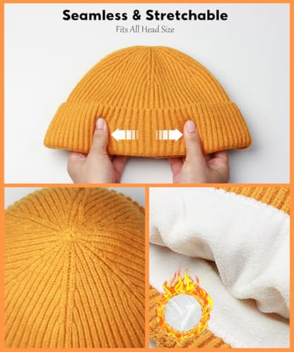 Heniho Wool Fleece Lined Fisherman Beanie for Men, Winter Warm Hats Cuffed Knit Watch Cap Trawler Hat - color: 1pack E- Yellow