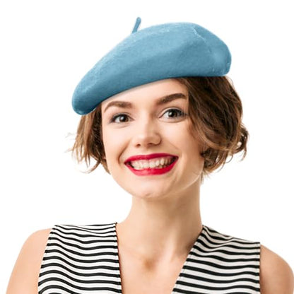 French Beret Hats for Women - Soft Warm Wool Solid Color Beanie Winter Cap - color: Lake Blue