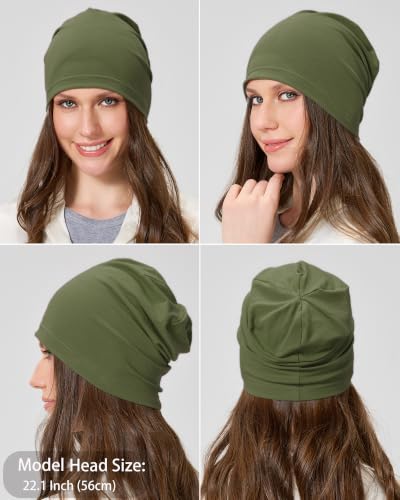 ROYBENS 100% Cotton Thin Slouchy Beanie Hat Women Men Lightweight Chemo Cap - color: 2pcs Black+army Green