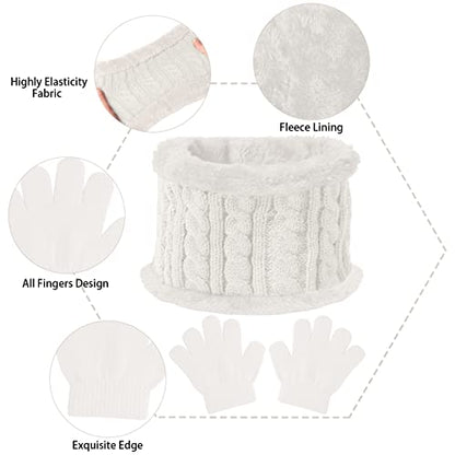 Kids Winter Beanie Hat Scarf Gloves Set,Toddlers Knit Winter Warm Double Pompom Cap Scarf Gloves for Girls Boys 1-5 Years Old - color: White