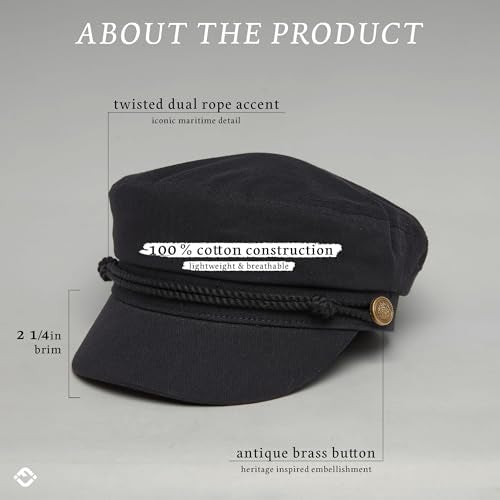 Funky Junque Greek Fisherman Newsboy Cap, Cotton Captains Bakerboy Hat - color: Black
