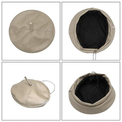 Women Classic PU Leather French Beret Beanie Hat Pumpkin Cap - color: Beige C#