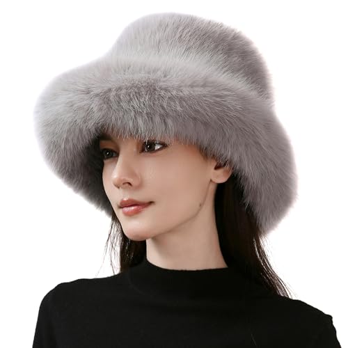 Dikoaina Faux Fur Bucket Hat for Women Girl – Oversized Brim, Super Soft & Fluffy Winter Hat - color: Grey