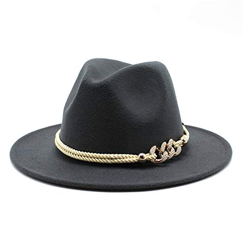 Lady Wide Brim Felt Fedora Panama Hat with Ring Belt - color: Dark Grey, size: Medium