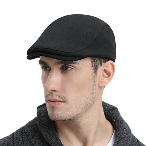 FEINION Men Wool Blend Flat Cap Tweed Newsboy Ivy Hat - color: Black