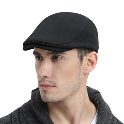 FEINION Men Wool Blend Flat Cap Tweed Newsboy Ivy Hat - color: Black