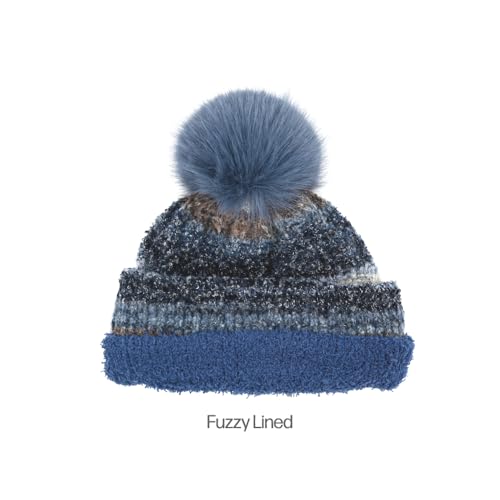 C.C Multi Color Space Dye Wool Stretchable Soft Warm Pom Beanie with Faux Fur Pom Knit Winter Skully Hat. - color: Denim Combo