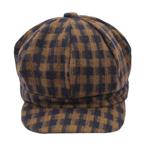 ZLYC Women Classic Newsboy Cap Visor 8 Panel Gatsby Cabbie Paperboy Hat - color: Gingham Khaki and Navy