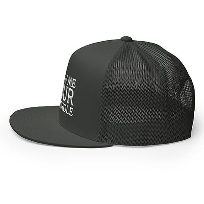Show Me Your Butthole Premium Trucker Hat Flat Bill High Crown Adjustable Funny Cap - color: Charcoal