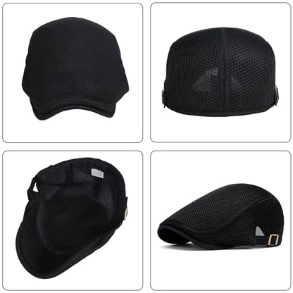 meioro Mens Breathable Mesh Summer Hat Adjustable Flat Cap Newsboy Beret Ivy Cap Irish Cabbie Fishing Hats - color: Black