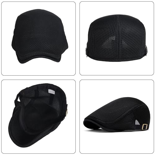 meioro Mens Breathable Mesh Summer Hat Adjustable Flat Cap Newsboy Beret Ivy Cap Irish Cabbie Fishing Hats - color: Black