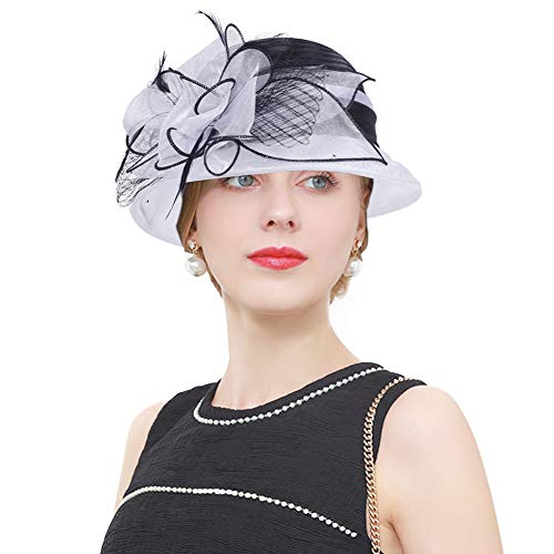 Janey&Rubbins Women's Two-Tone Bowler Cloche Hat for Derby Day, Church, Wedding, Party, Formal Events - color: White/Black