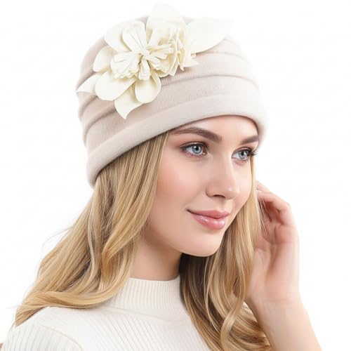 Women's Wool Dress Church Cloche Hat Bucket Winter Floral Hat - color: Floral-cream